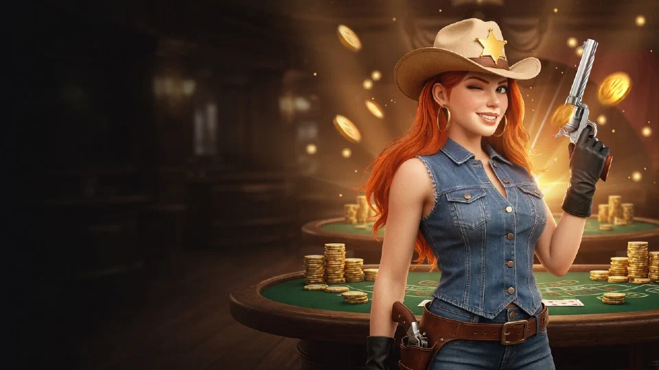 The bounty queen at a card table in a lantern-lit saloon