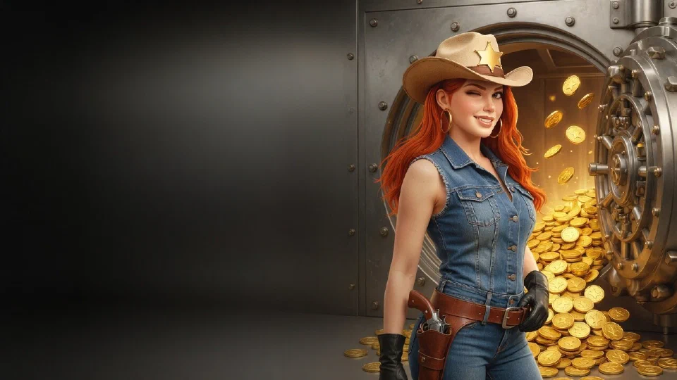 The bounty queen in front of an open vault spilling gold coins