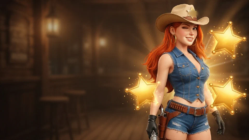 The bounty queen between glowing sheriff stars in a saloon