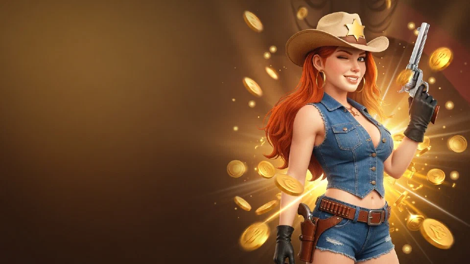 The bounty queen raising her revolver in a burst of gold coins