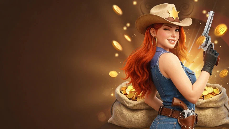 The bounty queen winking beside a money bag of gold coins