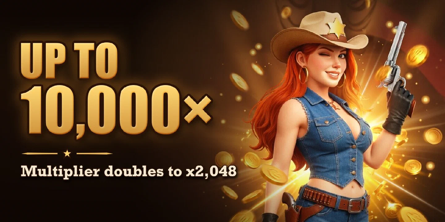 Up to 10,000× — the multiplier doubles to x2,048: the bounty queen with her revolver in a burst of gold coins