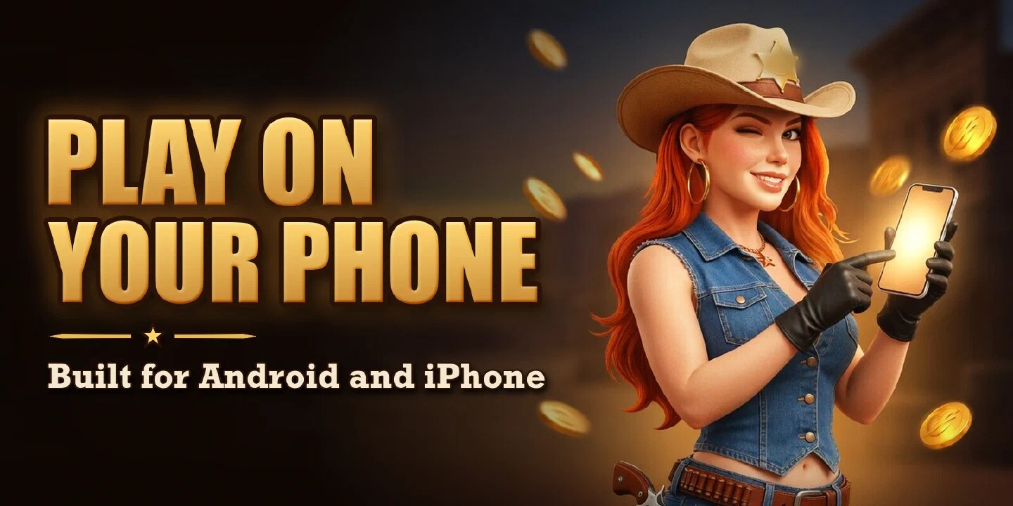 Play on your phone, built for Android and iPhone: the bounty queen holding a glowing smartphone