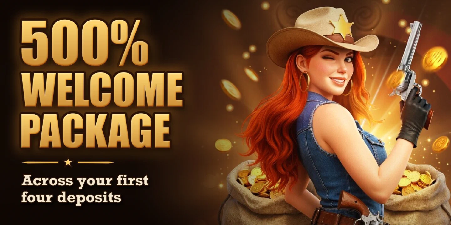 500% welcome package across your first four deposits: the bounty queen winking beside a money bag of gold