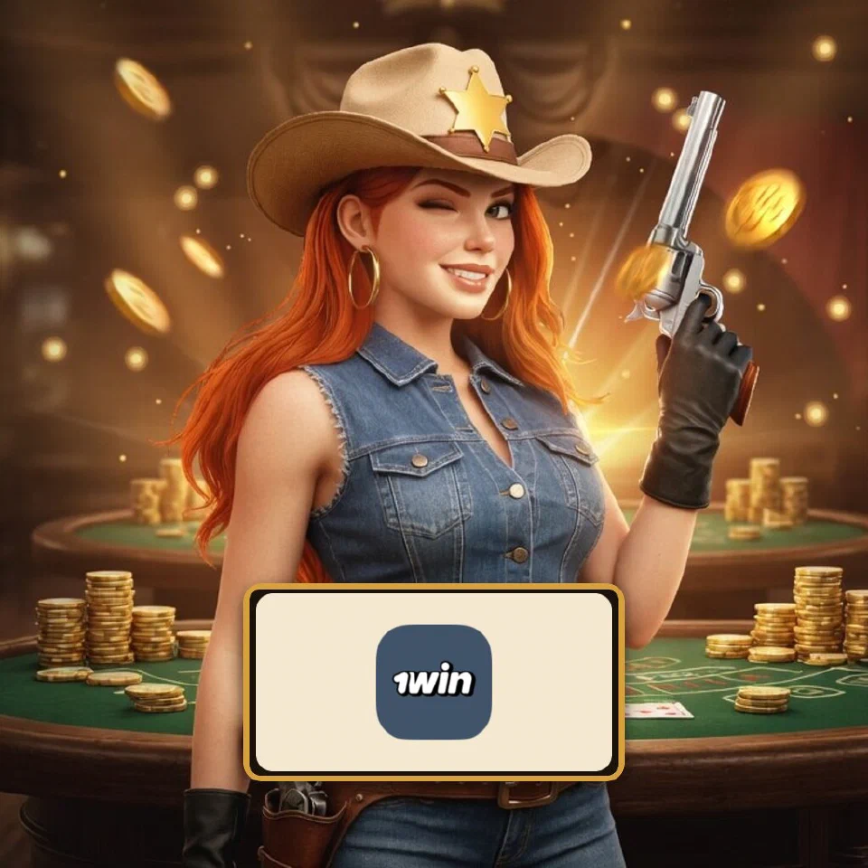 The 1win logo on a plaque in front of the bounty queen in a saloon casino hall