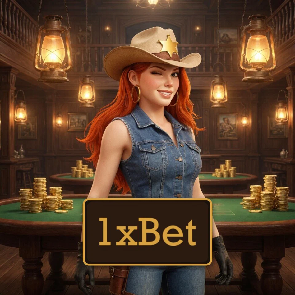 The 1xBet logo on a plaque in front of the bounty queen in a saloon casino hall