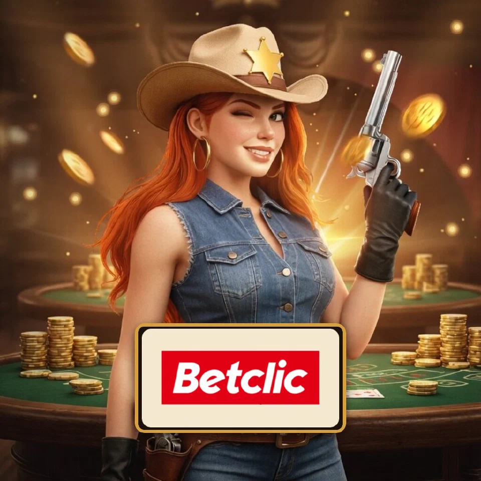 The Betclic logo on a plaque in front of the bounty queen in a saloon casino hall