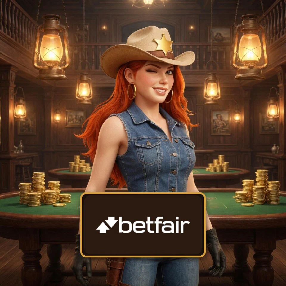 The Betfair logo on a plaque in front of the bounty queen in a saloon casino hall