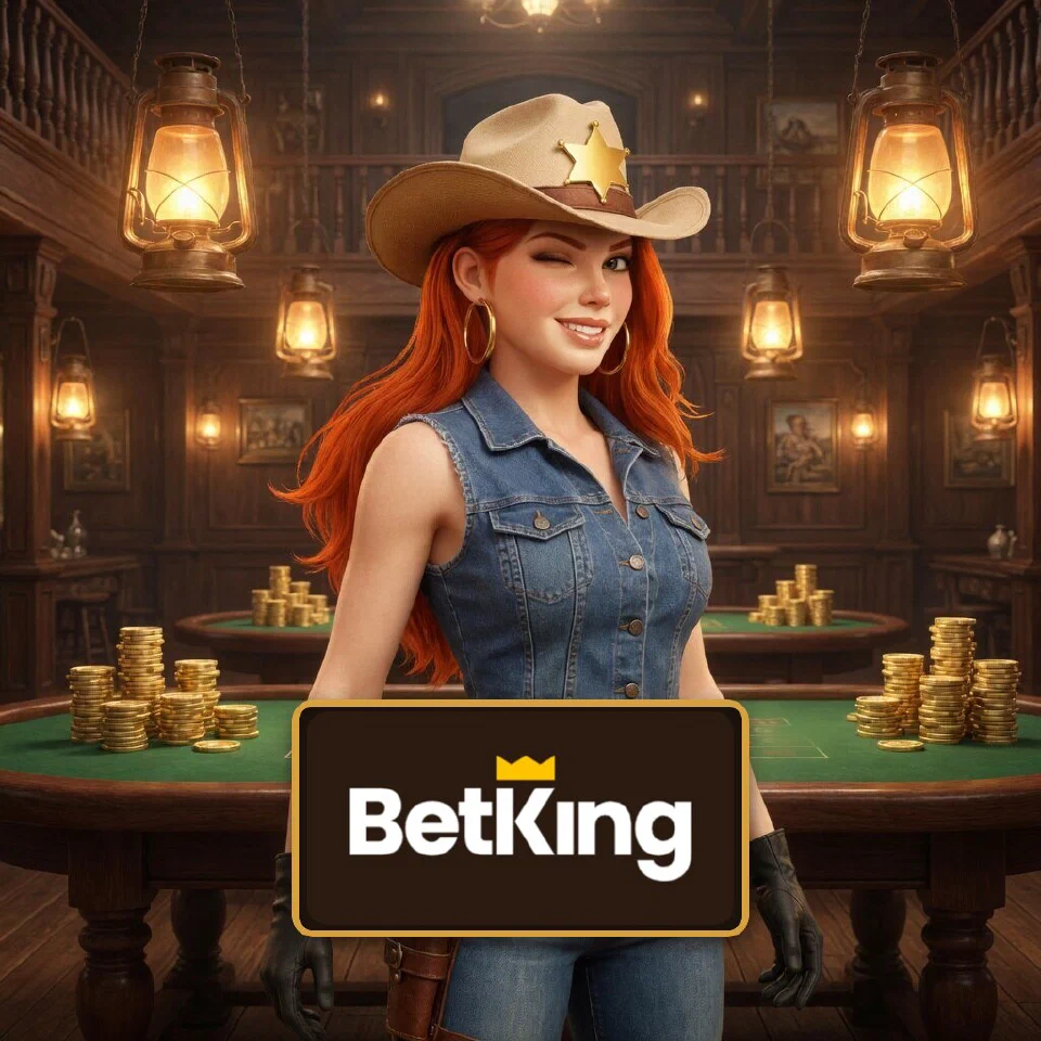 The BetKing logo on a plaque in front of the bounty queen in a saloon casino hall
