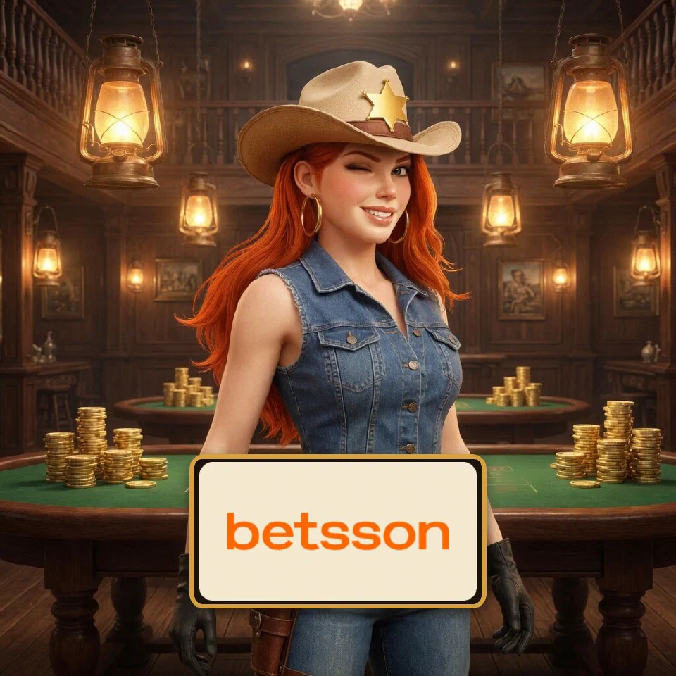 The Betsson logo on a plaque in front of the bounty queen in a saloon casino hall