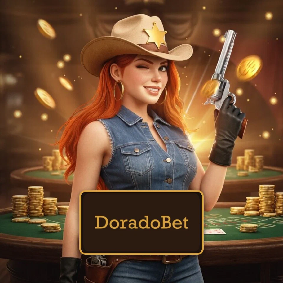 The DoradoBet logo on a plaque in front of the bounty queen in a saloon casino hall