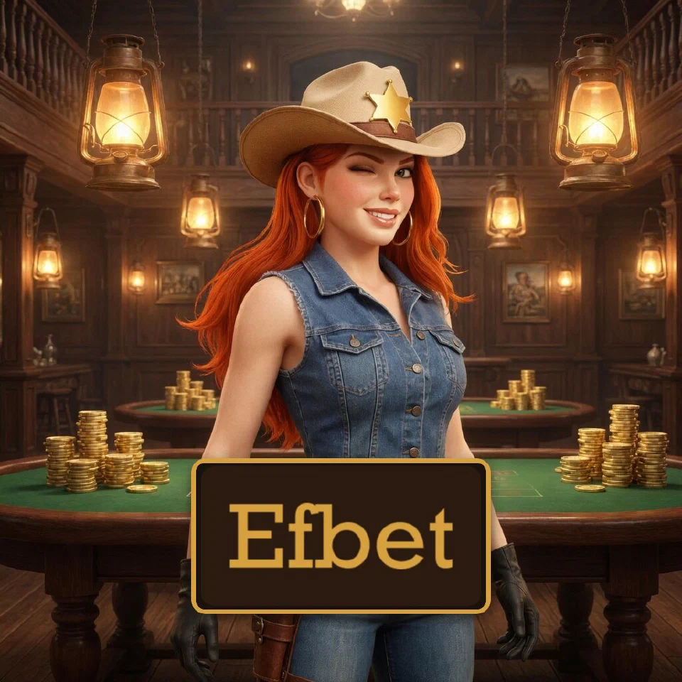 The Efbet logo on a plaque in front of the bounty queen in a saloon casino hall