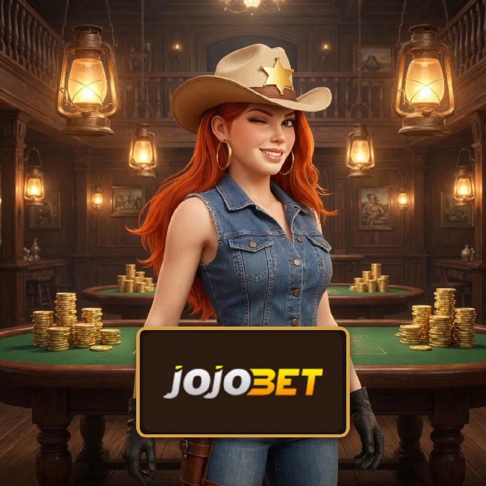 The Jojobet logo on a plaque in front of the bounty queen in a saloon casino hall