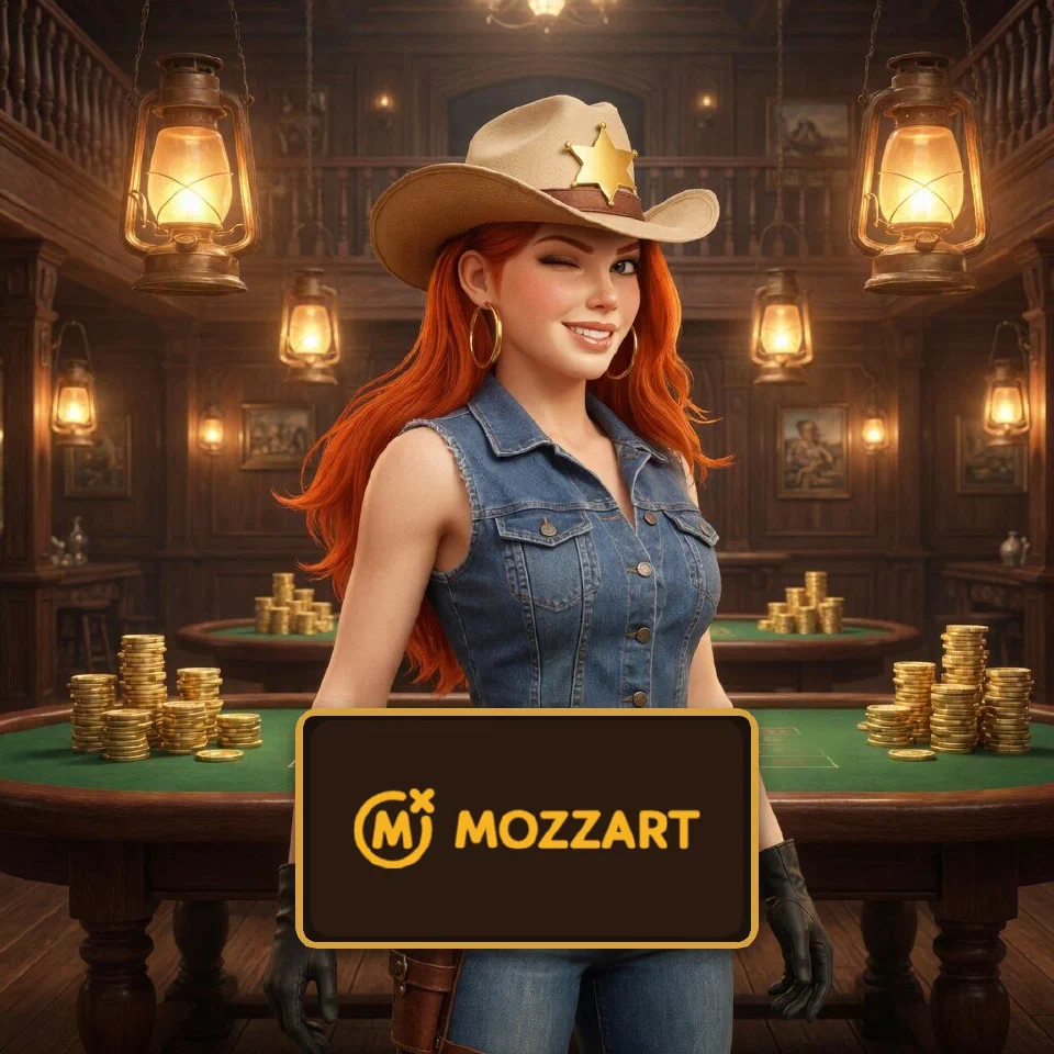 The MozzartBet logo on a plaque in front of the bounty queen in a saloon casino hall