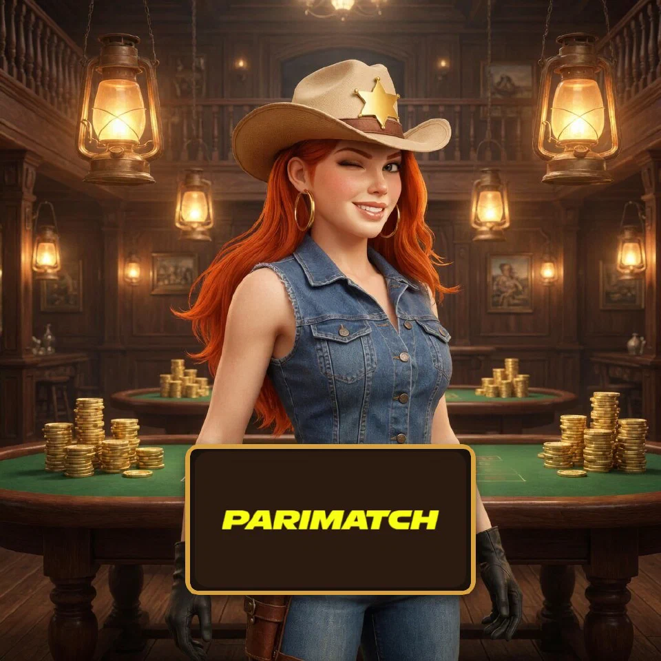 The Parimatch logo on a plaque in front of the bounty queen in a saloon casino hall