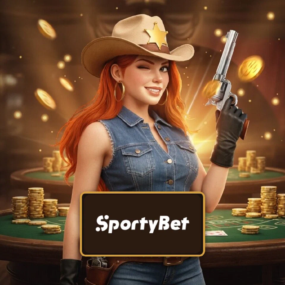 The SportyBet logo on a plaque in front of the bounty queen in a saloon casino hall