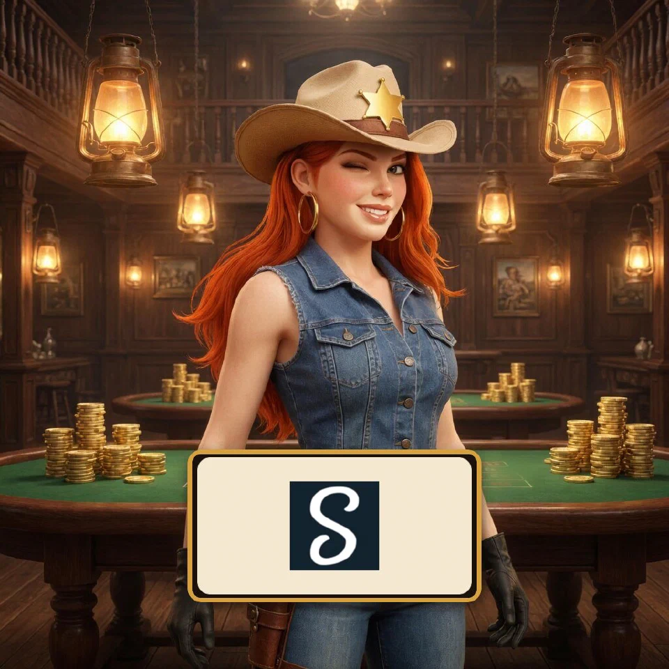 The Stake logo on a plaque in front of the bounty queen in a saloon casino hall
