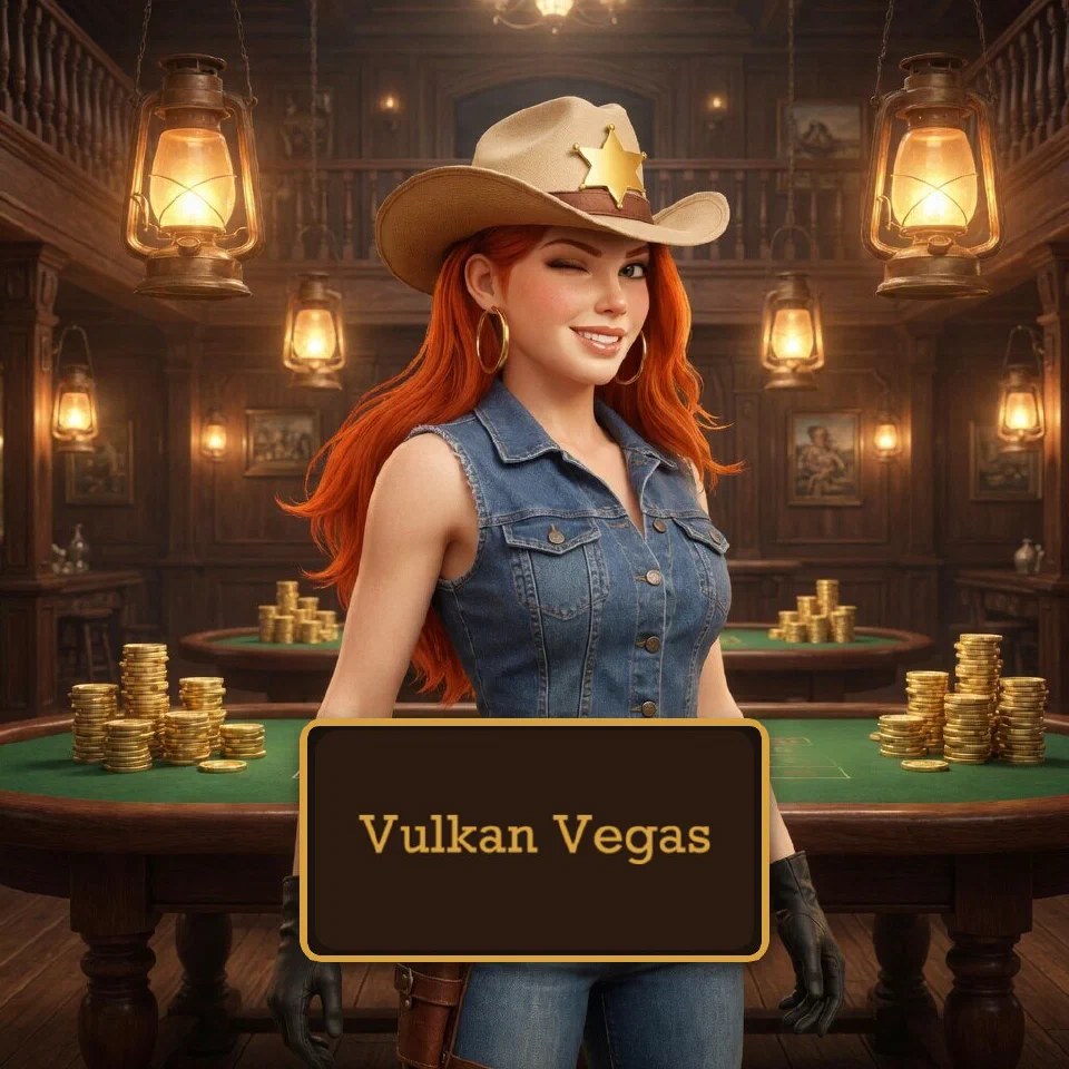 The Vulkan Vegas logo on a plaque in front of the bounty queen in a saloon casino hall