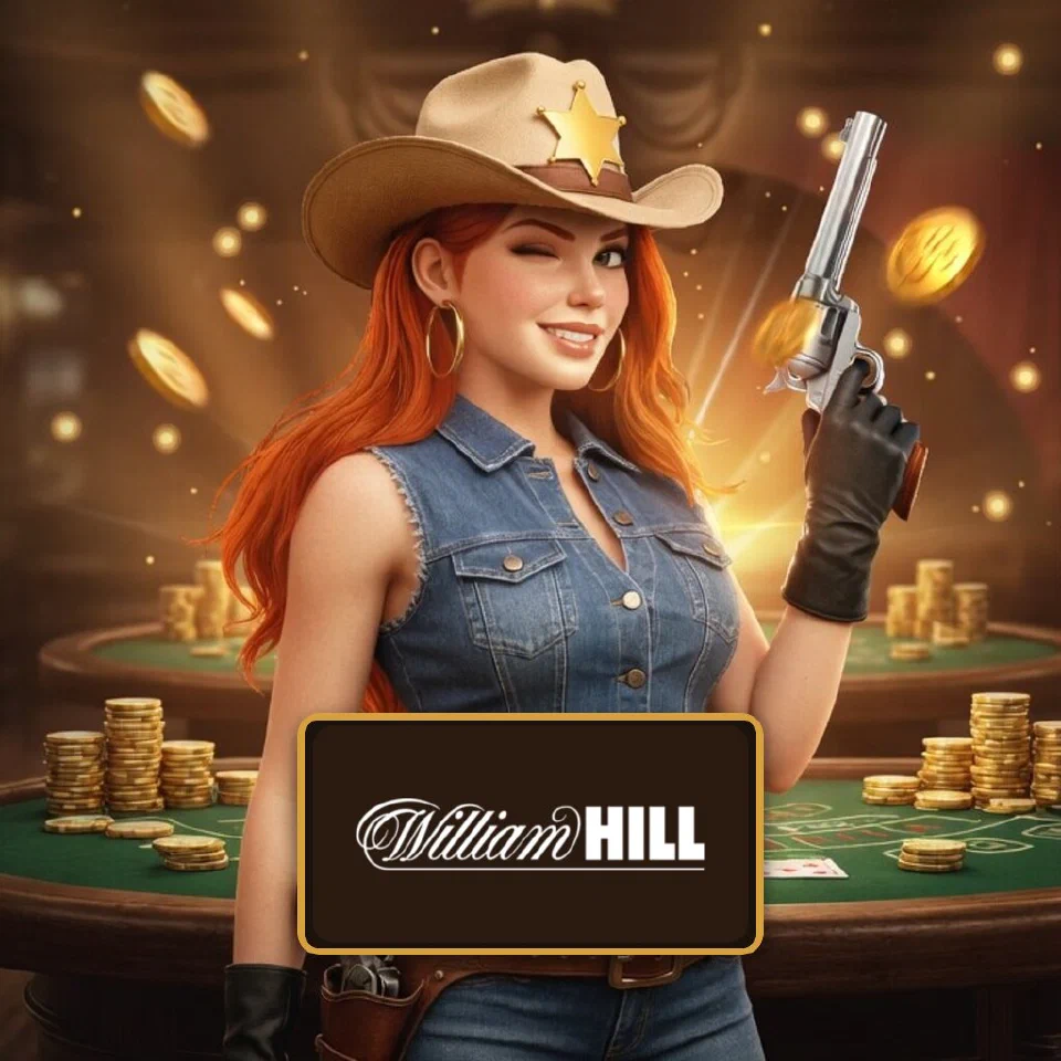 The William Hill logo on a plaque in front of the bounty queen in a saloon casino hall