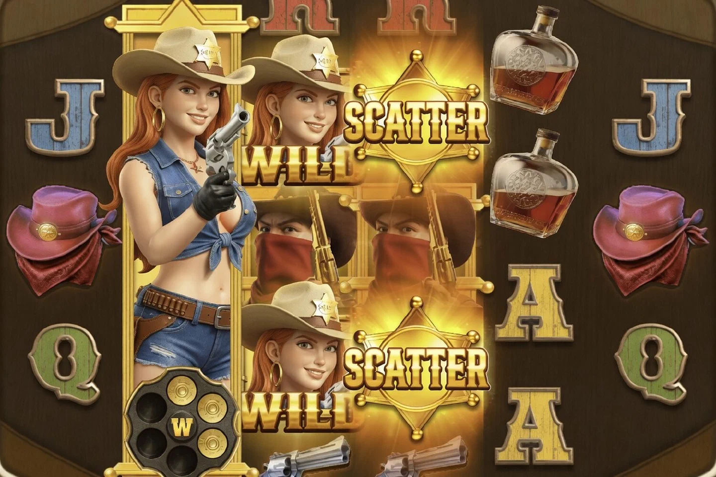 Wild Bounty Queen 2048 in play: the bounty queen as a wild on reel 2 of the wooden reel frame