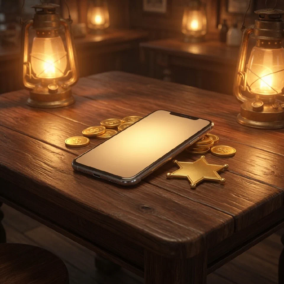 A smartphone on a saloon table between oil lanterns and gold coins