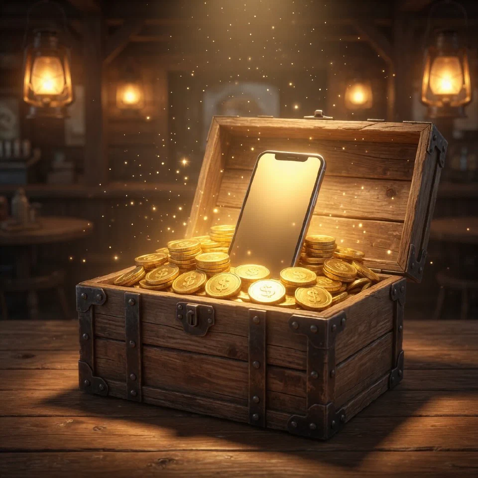 A wooden chest of gold coins with a smartphone glowing inside