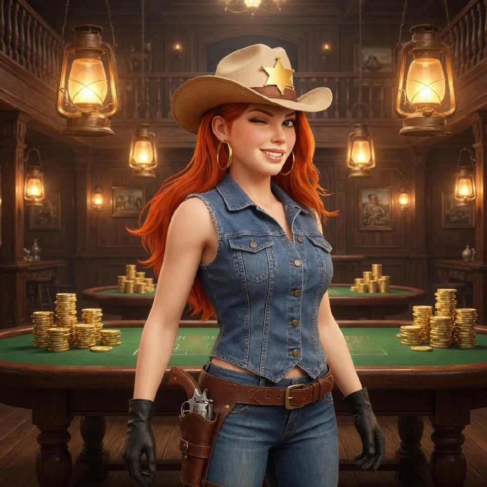 The bounty queen in a lantern-lit saloon casino hall with card tables
