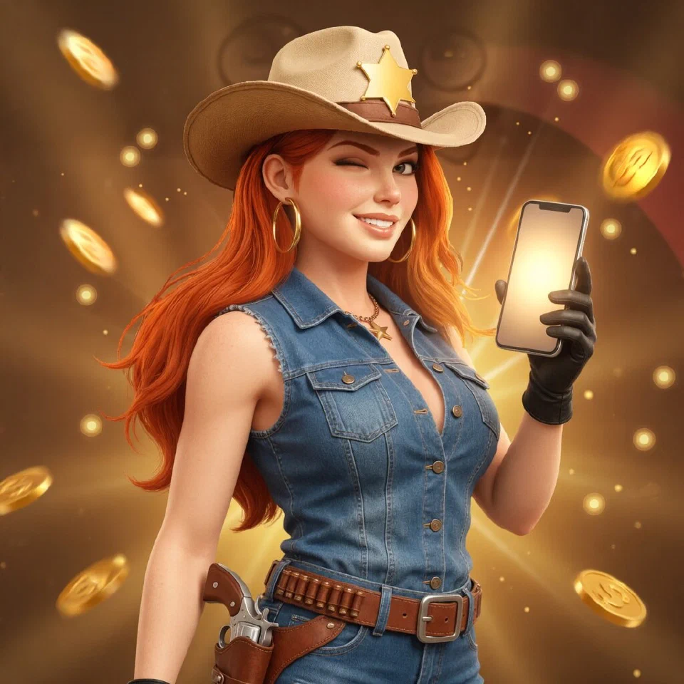 The bounty queen holding up a smartphone in a burst of gold coins