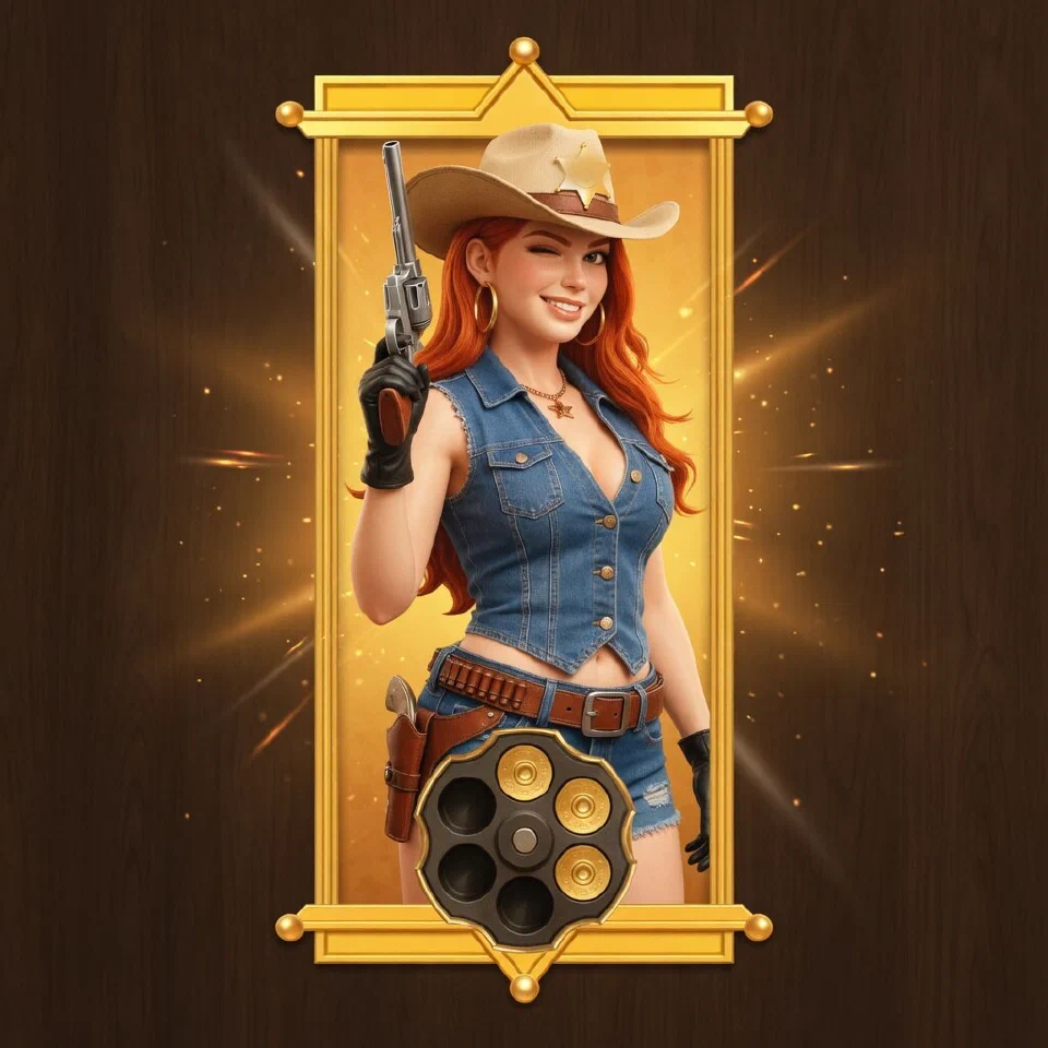 The bounty queen wild in a gold frame, with a revolver cylinder of bullets below her