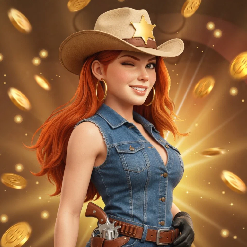 The bounty queen of Wild Bounty Queen 2048 winking under her sheriff-star hat in a burst of gold coins