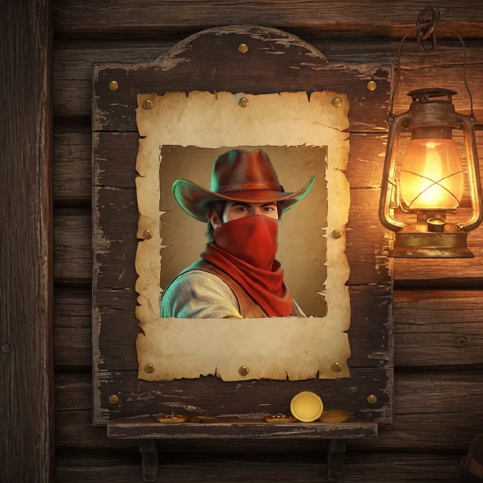 A wanted poster of the masked bandit on a saloon wall, lit by an oil lantern