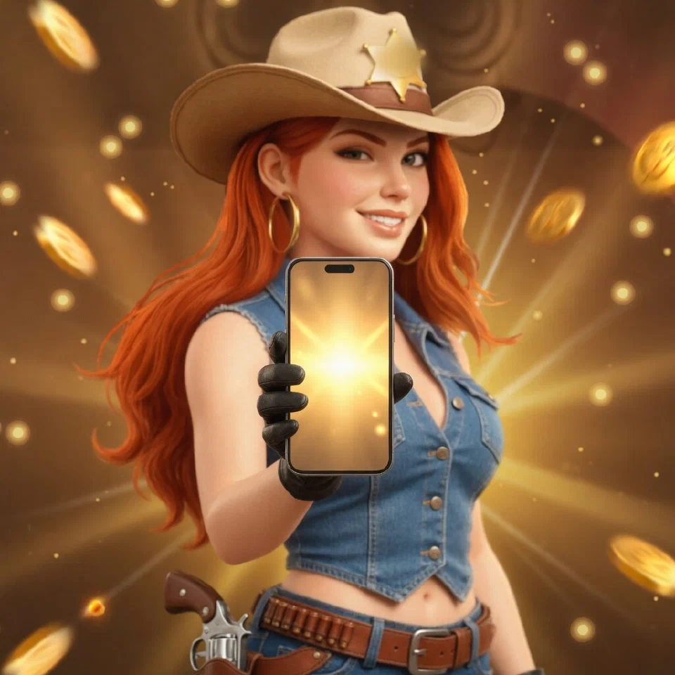 The bounty queen holding a smartphone in her gloved hand