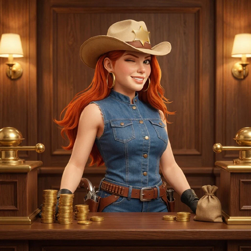 The bounty queen at a frontier bank counter with stacks of gold coins