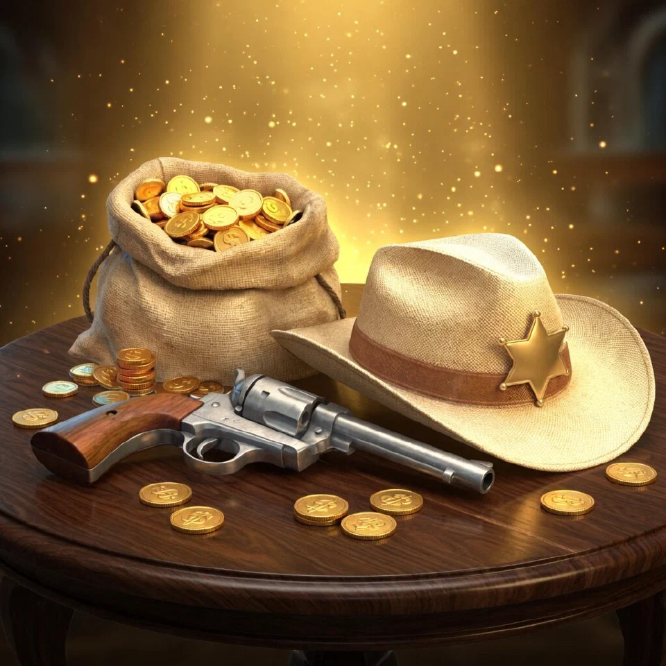 A money bag of gold coins, a cowboy hat with a sheriff star and a revolver on a saloon table