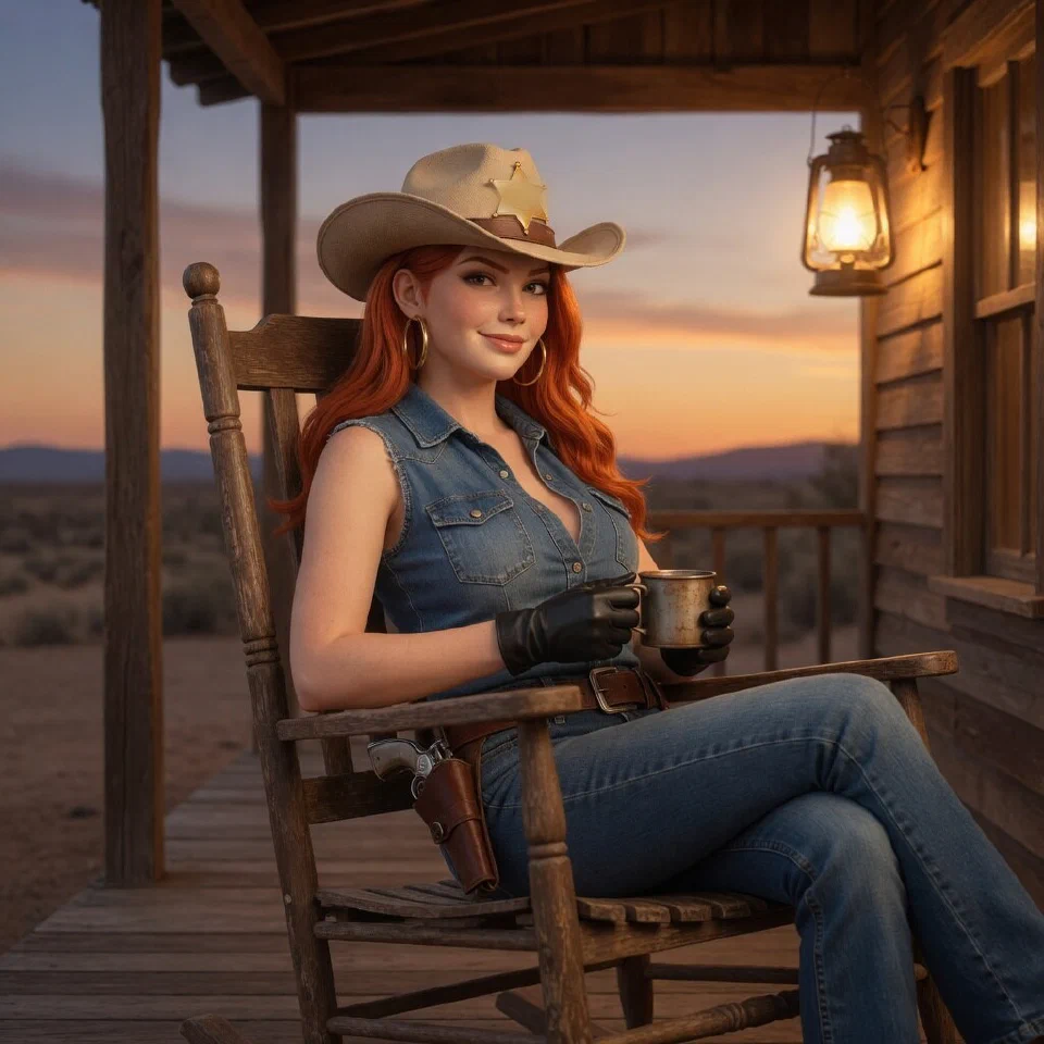 The bounty queen resting in a rocking chair on a porch at dusk