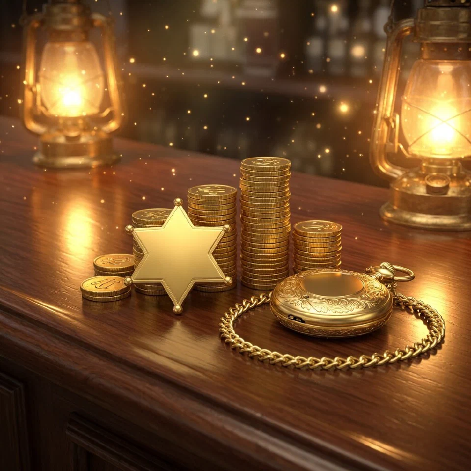 A sheriff star, stacked gold coins and a pocket watch on a saloon bar