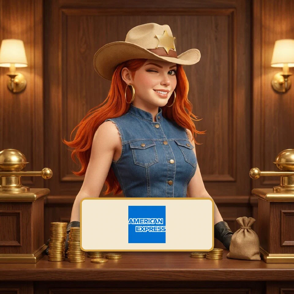 The American Express logo on a brass-framed plaque in front of the bounty queen at a frontier bank counter