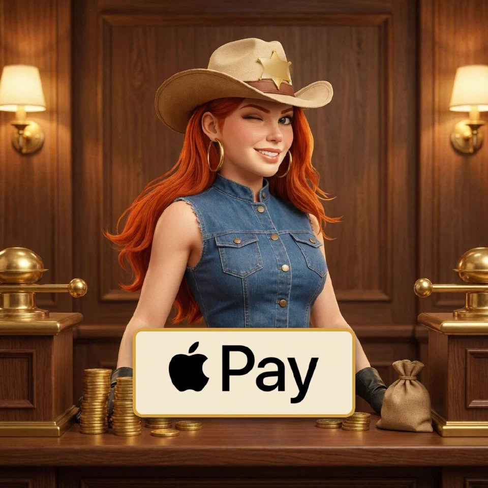 The Apple Pay logo on a brass-framed plaque in front of the bounty queen at a frontier bank counter