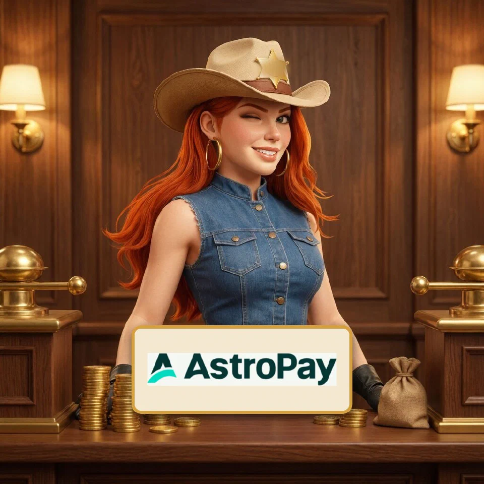 The AstroPay logo on a brass-framed plaque in front of the bounty queen at a frontier bank counter