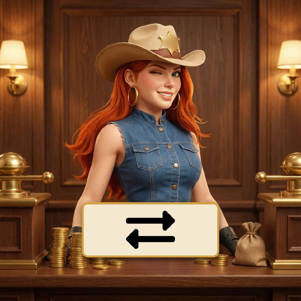 The Bank Transfer logo on a brass-framed plaque in front of the bounty queen at a frontier bank counter