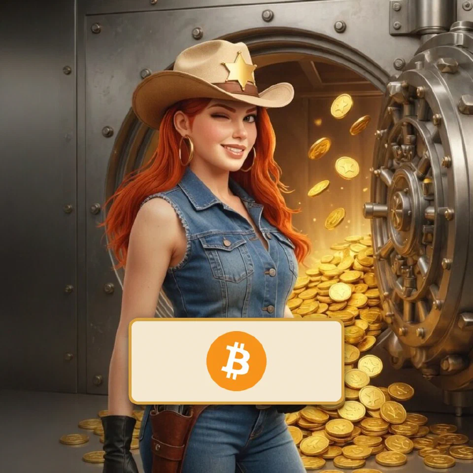 The Bitcoin logo on a brass-framed plaque in front of the bounty queen beside an open vault of gold coins