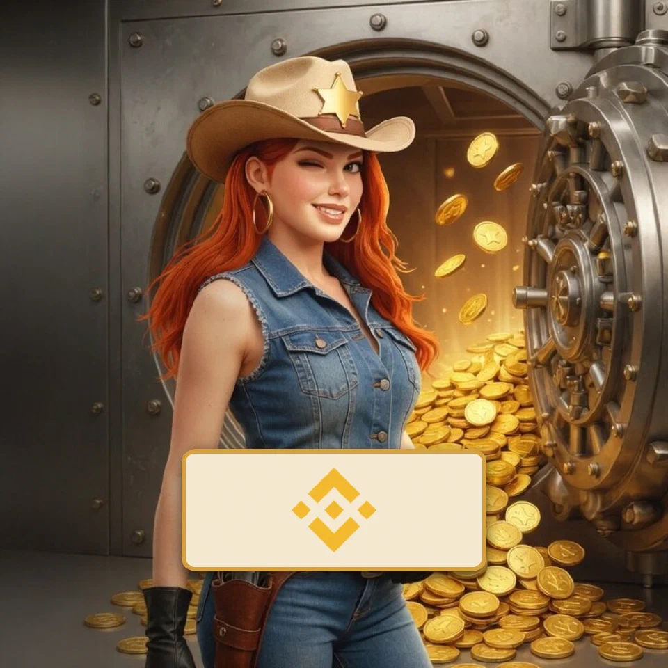 The BNB logo on a brass-framed plaque in front of the bounty queen beside an open vault of gold coins