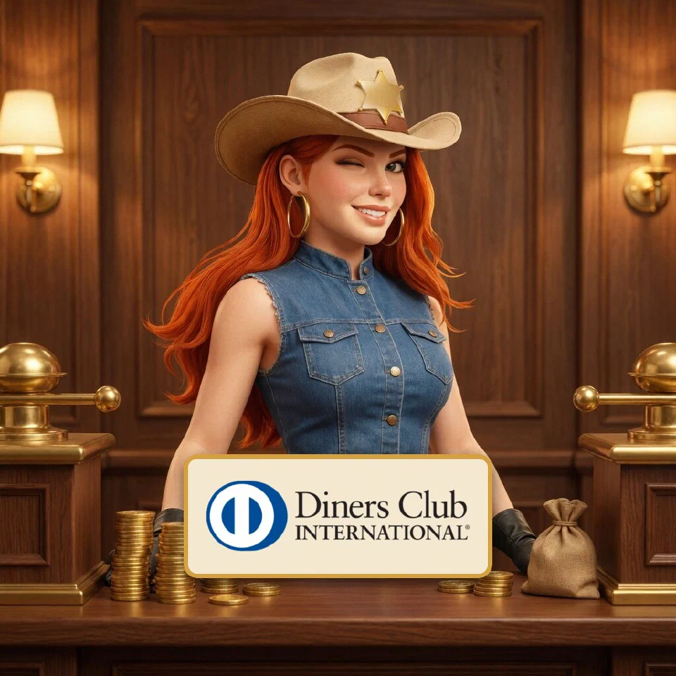 The Diners Club logo on a brass-framed plaque in front of the bounty queen at a frontier bank counter