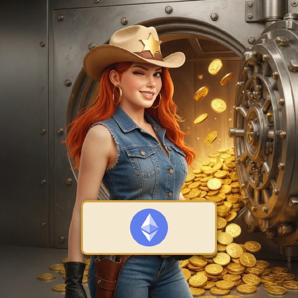 The Ethereum logo on a brass-framed plaque in front of the bounty queen beside an open vault of gold coins