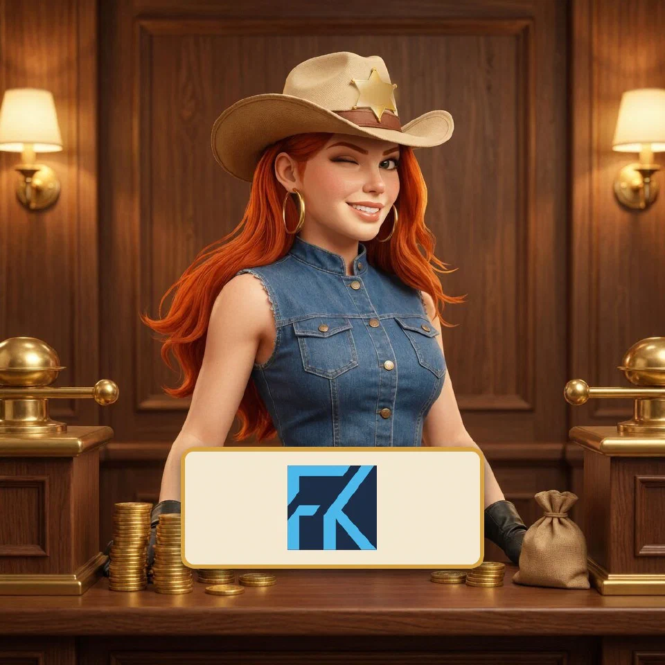 The FKwallet logo on a brass-framed plaque in front of the bounty queen at a frontier bank counter