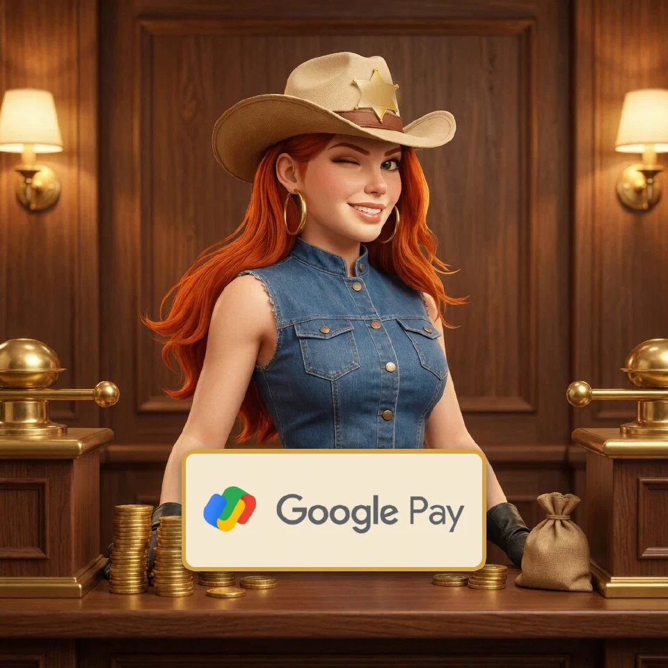 The Google Pay logo on a brass-framed plaque in front of the bounty queen at a frontier bank counter