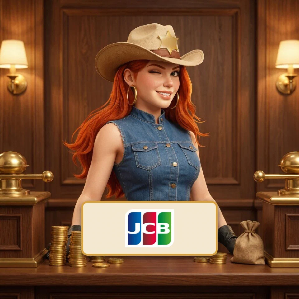 The JCB logo on a brass-framed plaque in front of the bounty queen at a frontier bank counter
