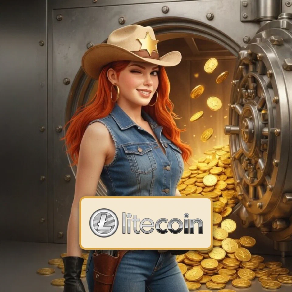 The Litecoin logo on a brass-framed plaque in front of the bounty queen beside an open vault of gold coins