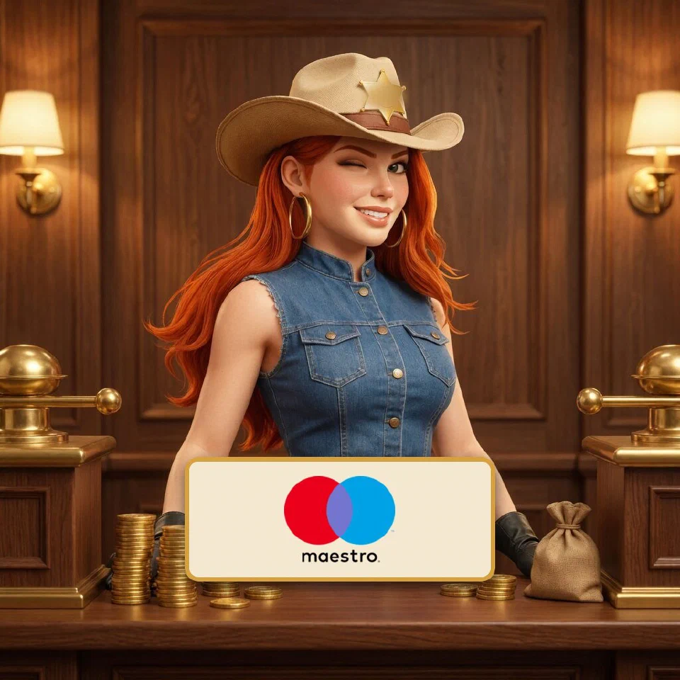 The Maestro logo on a brass-framed plaque in front of the bounty queen at a frontier bank counter