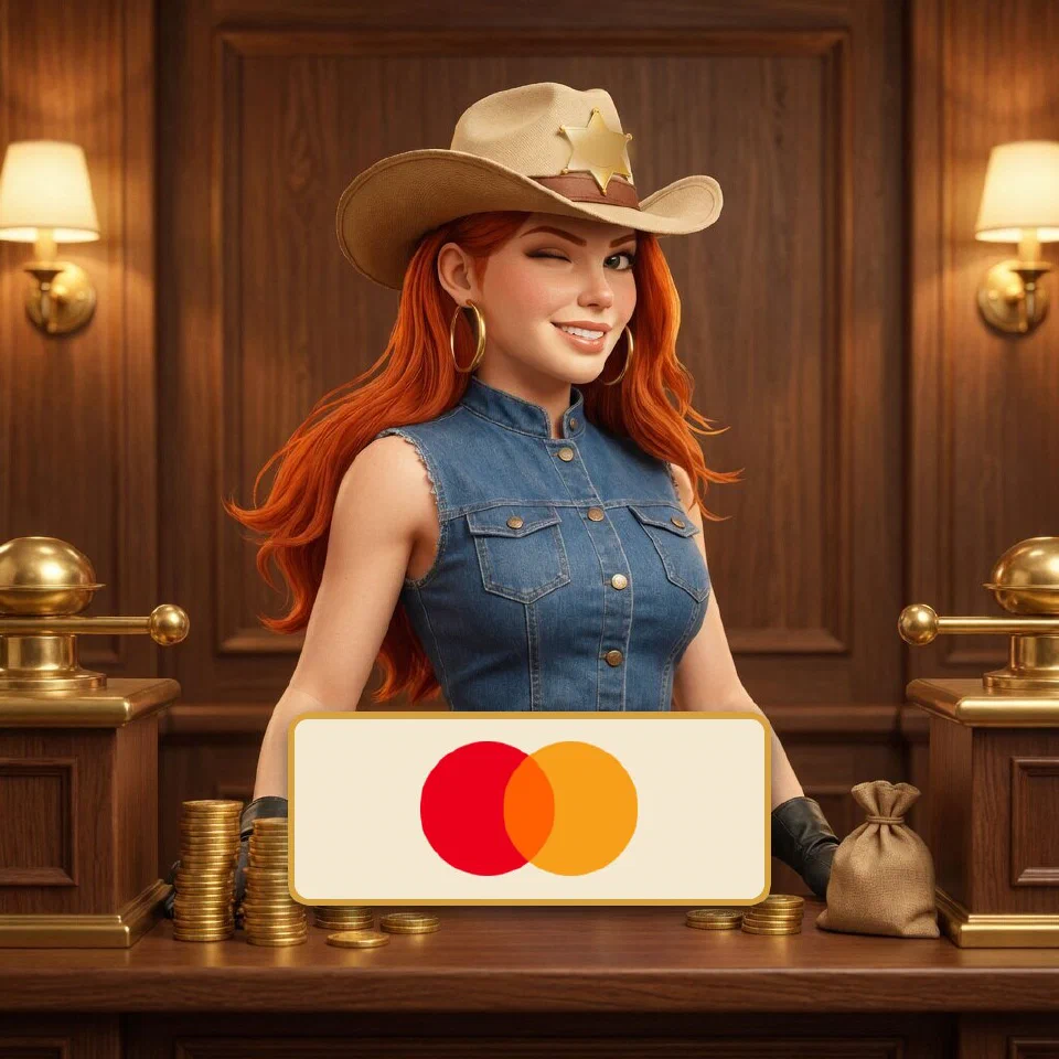 The Mastercard logo on a brass-framed plaque in front of the bounty queen at a frontier bank counter